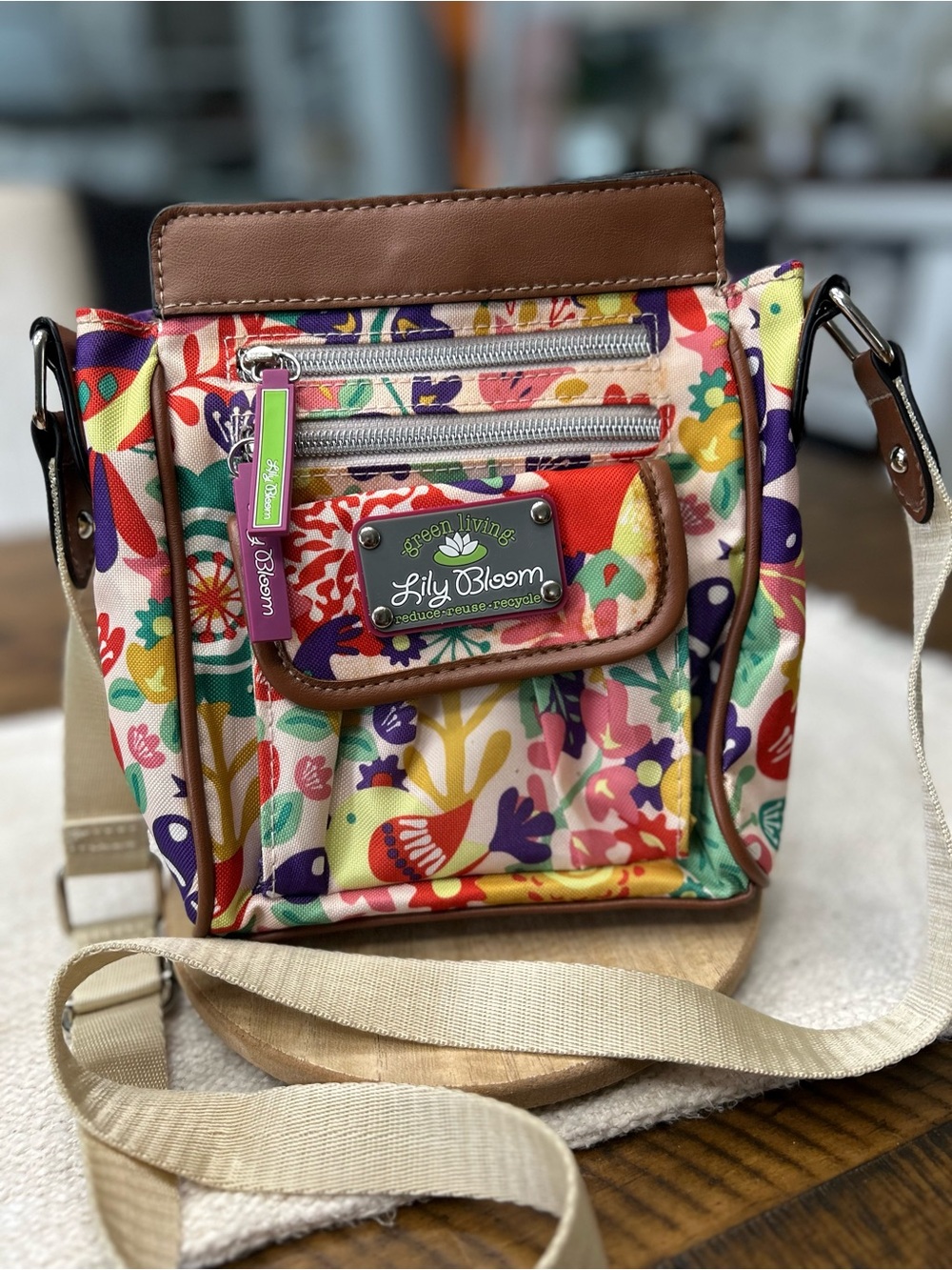 Lily Bloom Colorful Floral Crossbody Bag with Tan Trim